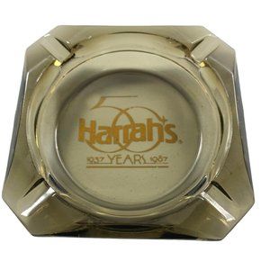 Harrahs 50th Annivesary Ashtray Smoked Glass Advertising Hotel Casino Nevada